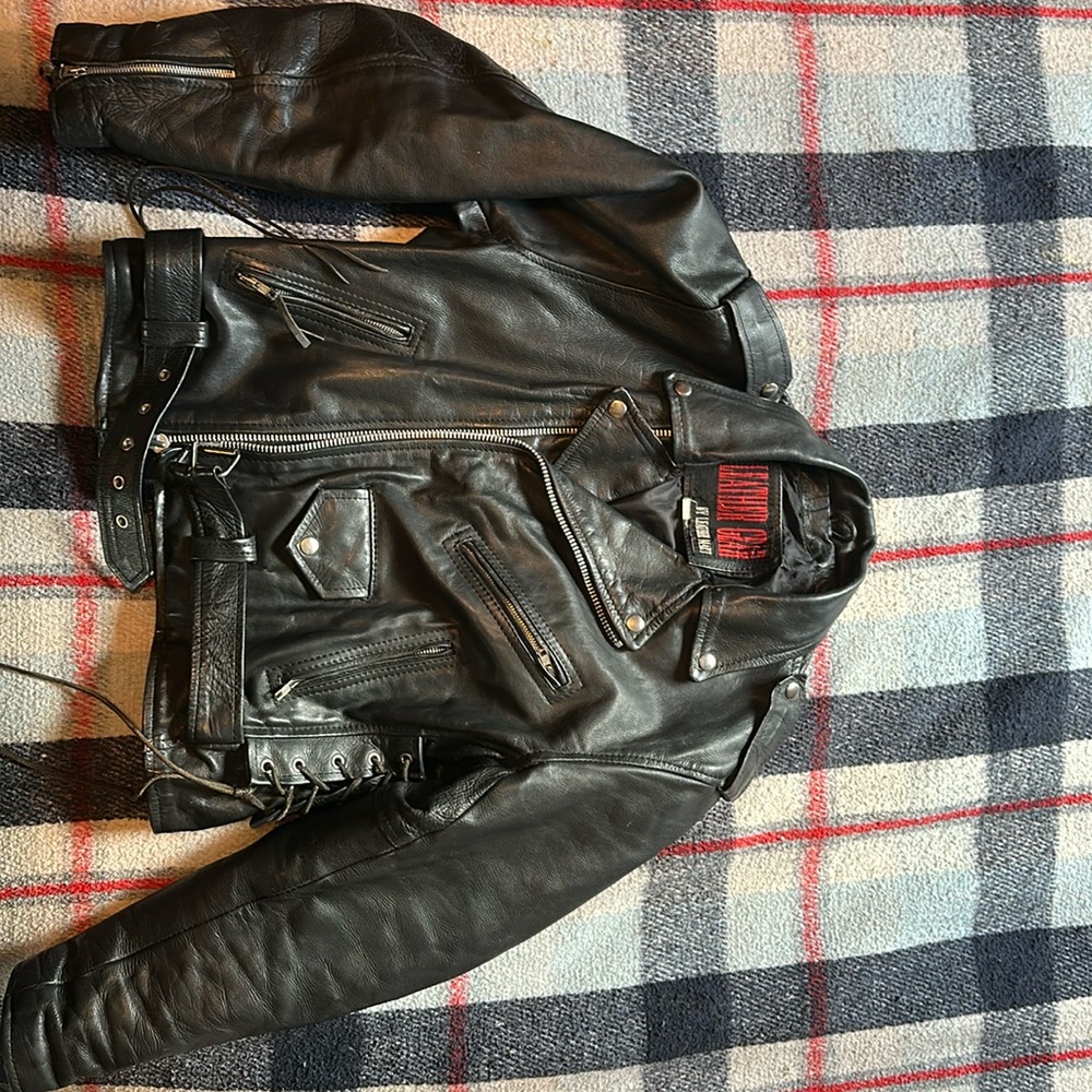 Vintage 1992 Genuine Leather Black Biker Jacket. Size 42. In excellent condition